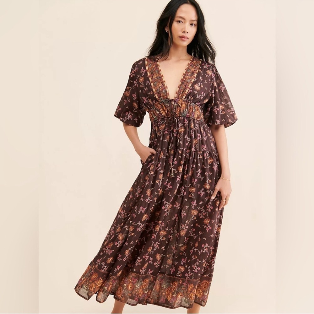 Anthropologie Brown Floral V-Neck Maxi Dress